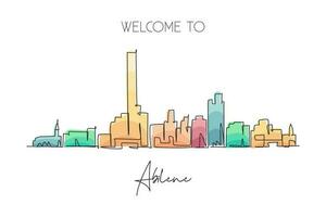 Single continuous line drawing Abilene city skyline, Texas. Famous city scraper landscape. World travel home wall decor art poster print concept. Modern one line draw design vector illustration