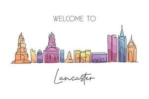 Single one line drawing Lancaster city skyline, England. World historical town landscape. Best holiday destination postcard art. Editable stroke trendy continuous line draw design vector illustration