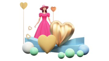 3D Render, Fashionable Young Girl Character, Golden Heart Shapes And Balls. Happy Women's Day Concept. png