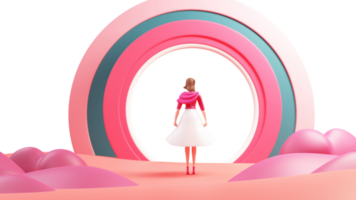 3d render traseiro Visão do moderno jovem menina personagem em pé dentro frente do circular arco ou quadro. png