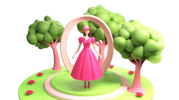 3D Render, Fashionable Young Girl Standing On Stage And Nature Background. Happy Women's Day Concept. png