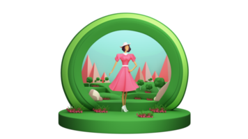 3D Render, Fashionable Young Girl Character Standing On Stage And Nature Landscape. png