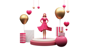3D Render, Modern Young Girl Standing On Decorative Stage. Happy Women's Day Concept. png