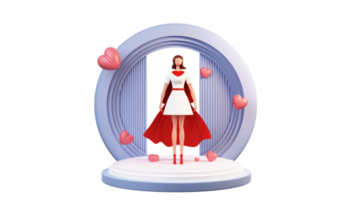 3d prestar, supermujer personaje en pie en etapa y corazones. png