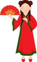 chinois Jeune fille personnage en portant plié ventilateur avec 2023 nombre dans permanent pose. png