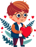 Young Boy Holding Red Heart In Standing Pose, Leaves And Little Hearts png