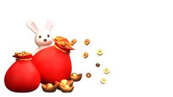 3D Render of Chinese Treasure Sacks With Rabbit Character. png