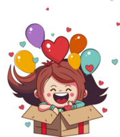 Excited Cute Girl With Balloons, Hearts Coming Out From Inside Surprise Box And Copy Space. png