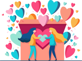 Vector Illustration Of Cartoon Young Girls Holding Heart And Colorful Hearts Coming Out From A Box. Love Concept. png