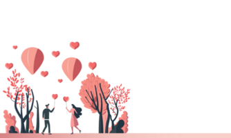 tekenfilm illustratie van jong paar Holding hart ballonnen en natuur visie. Valentijnsdag dag concept. png