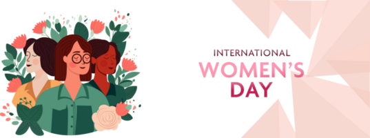 International Damen Tag Konzept mit drei jung Frauen Zeichen auf Blumen- dekoriert Hintergrund. png