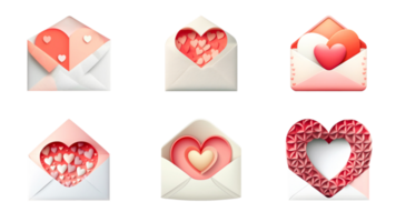 3D Illustration Of Envelope With Hearts Icon Set. Happy Valentines Day Concept. png