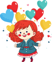 Cheerful Cute Girl Standing With Colorful Heart Balloons. png