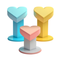 3d rendere di tre cuore forma podio icona nel giallo, rosa e blu colore. png