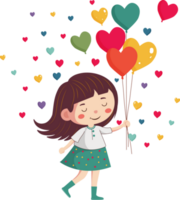 Cute Young Girl Holding Heart Balloons And Colorful Tiny Hearts. png