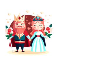 Cartoon Illustration Of King And Queen Holding Hands Together With Bouquet, Hearts. png