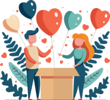 Vector Cartoon Young Couple Standing With Heart Balloons Coming Out Of Box And Leaves. Valentine's Day Concept. png