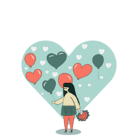 desenho animado jovem menina em pé com balões, coração formas. png