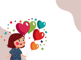 Cartoon Young Girl Holding Bunch of Colorful Heart Balloons. png