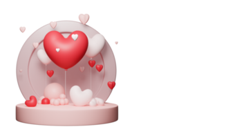 3D Render of Red And White Heart Shape Balloons Against Circular Podium And Copy Space. Love Concept. png