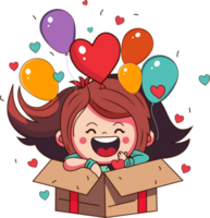 Excited Cute Girl With Balloons, Hearts Coming Out From Inside Surprise Box. png