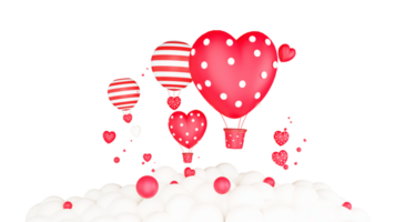3D Render of Red And White Heart Shapes, Hot Air Balloons And Clouds On Peach Background With Space. Love or Valentine's Day Concept. png