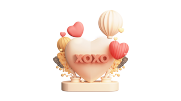 3D Rendering of XOXO Text on Heart Shape Frame With Podium, Balloons And Decorative Elements. Love Concept. png