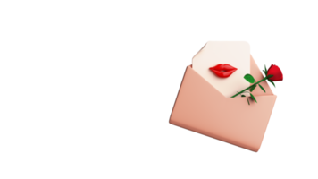 Haut vue de réaliste Rose avec baiser papier à l'intérieur ouvert enveloppe élément. 3d rendre. png