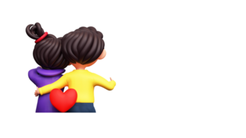 Rear View of Kids Couple Character And Red Heart Shape Element. 3D Render. png