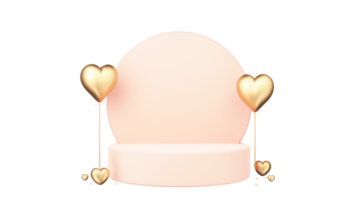 3D Render, Blank Circular Frame With Podium, Heart Balloons. Happy Valentine's Day Concept. png