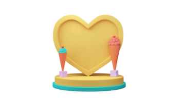 3D Render of Yellow Blank Heart Frame And Ice Cream Cones On Podium Element. png