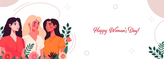 glücklich Damen Tag Banner Design mit modisch drei jung Frauen Zeichen auf Blumen- dekoriert Hintergrund. png