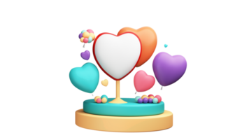 3d rendere, colorato cuore forme e palloncini su podio. amore concetto. png