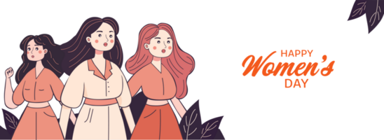 Happy Women's Day Banner Design With Fashionable Three Young Girl Characters Together. png