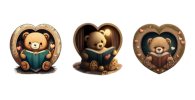 3D Render, Vintage Style Cute Teddy Bear Reading Book Icon Set. png