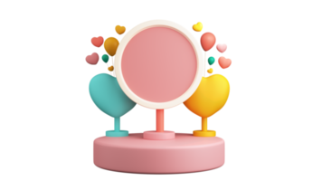 3D Render of Image Placeholder Circular Frame, Heart Shape Stands On Podium And Balloons Element. png