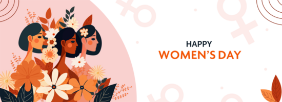 Happy Women's Day Banner Design With Three Young Women Characters Decorated By Florals On Venus Symbol Background. png