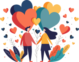 Cartoon Young Couple Holding Hands Together With Colorful Leaves And Hearts Decorated Background. png