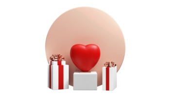 3D Render, Circular Frame With Gift Boxes And Glossy Heart Stand On Podium. png