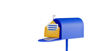 3D Render of Newsletter or Envelope Inside Blue Open Mailbox Element. png