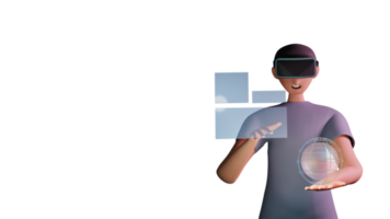 3D Render of Young Man Character Interacting With Hologram Object Through VR Goggles. png