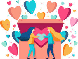 Vector Illustration Of Cartoon Young Girls Holding Heart And Colorful Hearts Coming Out From A Box. Love Concept. png