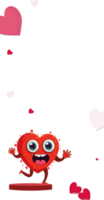 coração mascote corrida longe suor em pódio com minúsculo vermelho corações e cópia de espaço. png