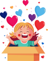 Excited Funny Girl With Heart Balloons Coming Out From Inside Surprise Box. png