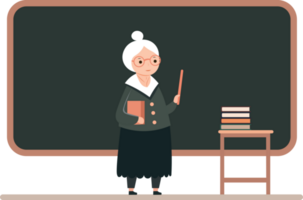 Elderly Female Teacher Showing Stick With Empty Blackboard, Books At Stool Illustration. png