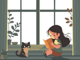 söt flicka karaktär läsning en bok nära katt Sammanträde och växt vas på fönster bakgrund. png