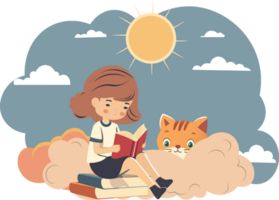 Young Girl Character Reading A Book At Stack of Books With Cute Cat On Sun Clouds Background. png