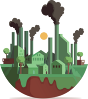 Factory Industry With Residential Buildings, Trees On Half Earth Globe And Sun Illustration. Earth Day Concept. png