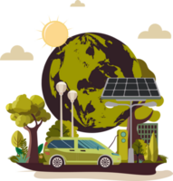 Electric Car Charging At Station With Solar Panel Stand, Street Lamps, Sun, Earth Globe On Nature Background. Ecosystem And Earth Day Concept. png