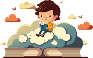 söt pojke karaktär läsning bok på moln bakgrund med fjärilar. png